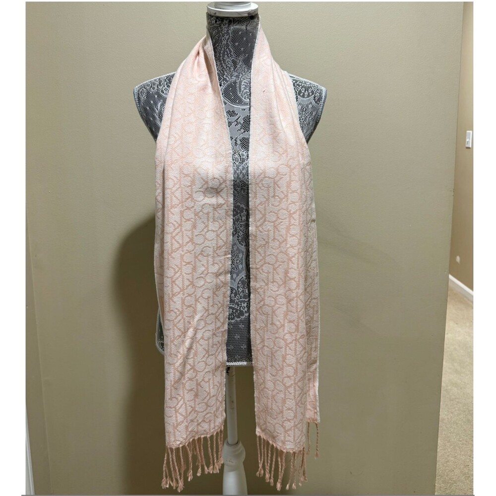 Calvin Klein Pink Logo Pashmina Scarf Womens Monogram Fringe Soft Wrap Shawl